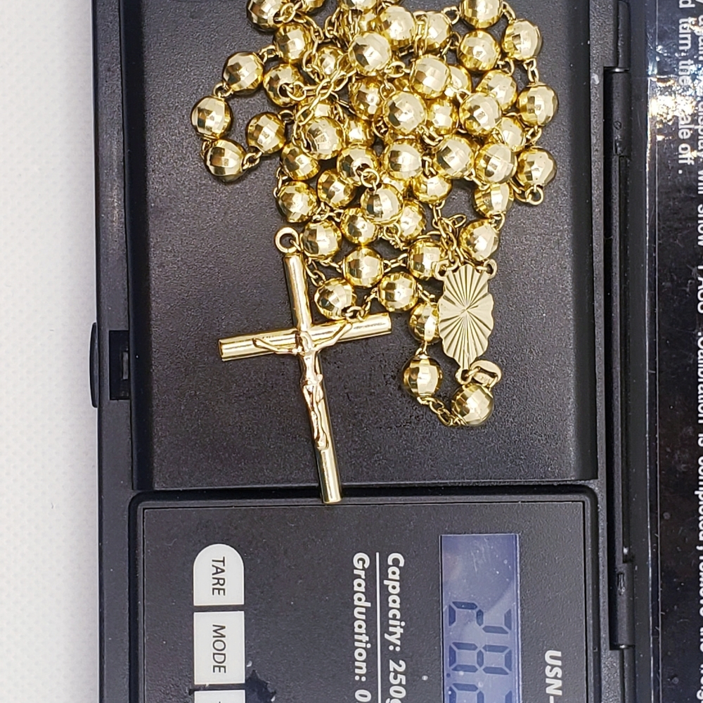 14K Solid Gold 6mm Bead Ball Rosary Necklace 26" Guadalupe Rosario Collar Oro - Picture 7 of 16